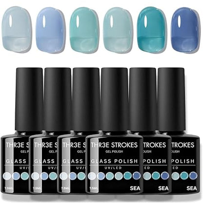GV327 THR3E STROKES Gel Nail Polish Set - 6 Colors Glass Gel Nail Polish Gel Manicure DIY Salon Nail Art Gifts (SEA, 7.5ML)