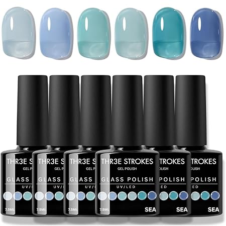 GV327 THR3E STROKES Gel Nail Polish Set - 6 Colors Glass Gel Nail Polish Gel Manicure DIY Salon Nail Art Gifts (SEA, 7.5ML)
