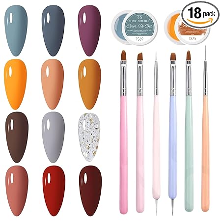 GV333 THR3E STROKES 12 Colors Painting Gel, Gel Nail Polish Kit with 6 Painting Drawing Nail Brush Pen, Soak Off UV LED Gel Polish Set, Gel Paint for Nail Art Drawing Gel Nail(NEED UV MACHINE) 5ML (NINJA 69-80 + 6 PCS NAIL BRUSH, 5ML + 6PCS BRUSH)
