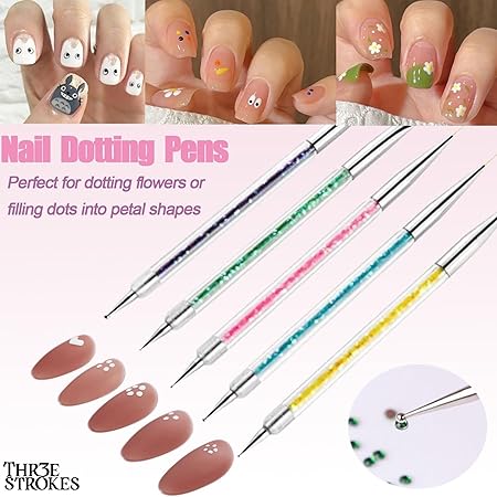 GV334 THR3E STROKES Double-Ended Acrylic Nail Brushes, 5pcs Set Including 7/9/11mm Liner Brush, Flat Brushes and Dotting Tools for Art Design (NBS2)
