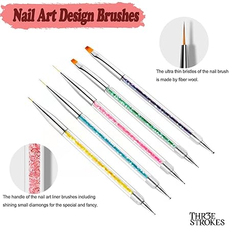 GV334 THR3E STROKES Double-Ended Acrylic Nail Brushes, 5pcs Set Including 7/9/11mm Liner Brush, Flat Brushes and Dotting Tools for Art Design (NBS2)