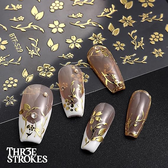 GV335 THR3E STROKES Gold Nail Art Stickers, Sun Moon Stars Heart Line Flower Nail Self-Adhesive Sticker Design, 3D Gold Nail Transfer Decals for Women Girls Charms, DIY Nail Art Decal (D23)
