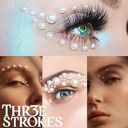 GV336 THR3E STROKES Nail Art Flat Back Half Round Pearl Kits 5, 1 Box of 2400 Pcs Flat-Back White AB Pearl with Tweezer and Picker Pencil for Home DIY Nails Body Face Craft and Salon Use (D59)