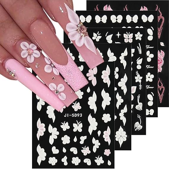 GV338 THR3E STROKES 5D Embossed White Flowers Nail Stickers, 5 Sheets Self-Adhesive Floral Decals, Spring Art, Rose Butterfly for Nails, 3D Acrylic Flowers (D15)