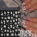 GV338 THR3E STROKES 5D Embossed White Flowers Nail Stickers, 5 Sheets Self-Adhesive Floral Decals, Spring Art, Rose Butterfly for Nails, 3D Acrylic Flowers (D15)