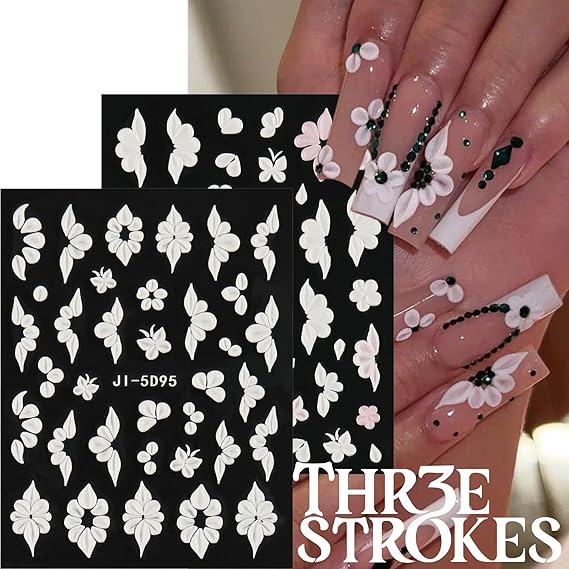 GV338 THR3E STROKES 5D Embossed White Flowers Nail Stickers, 5 Sheets Self-Adhesive Floral Decals, Spring Art, Rose Butterfly for Nails, 3D Acrylic Flowers (D15)
