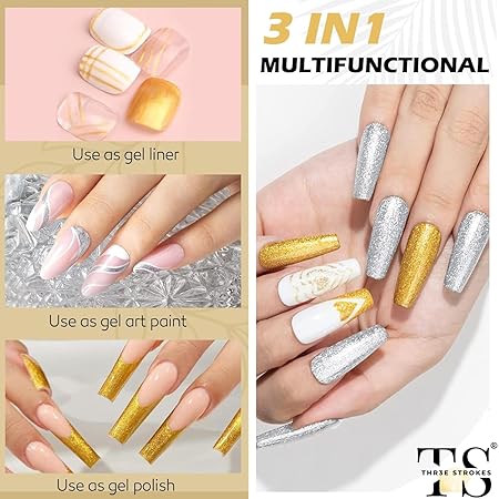 GV349 THR3E STROKES Golden Reflective Glitter Gel Polish Set for Swirl Shiny Nail Art With Brush (Gold)