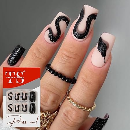 GV355 THR3E STROKES Press-On Nails,Fake Nails Manicure set Salon look Nails Includes 24Nails, 1sheet gluetabs,1 Alcohol wipe,1 Manicure Stick, 1 Mini file. (PN-2)