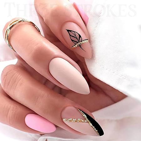 GV356 THR3E STROKES Press-On Nails, FakeNails Manicure set Salon look Nails Includes 24Nails, 1sheet gluetabs,1 Alcohol wipe,1 Manicure Stick, 1 Mini file. (PN-4)