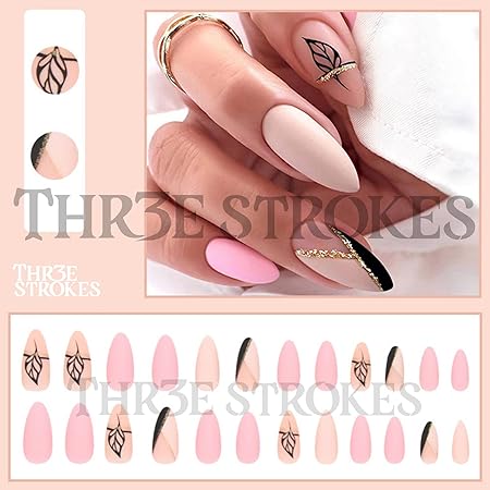 GV356 THR3E STROKES Press-On Nails, FakeNails Manicure set Salon look Nails Includes 24Nails, 1sheet gluetabs,1 Alcohol wipe,1 Manicure Stick, 1 Mini file. (PN-4)