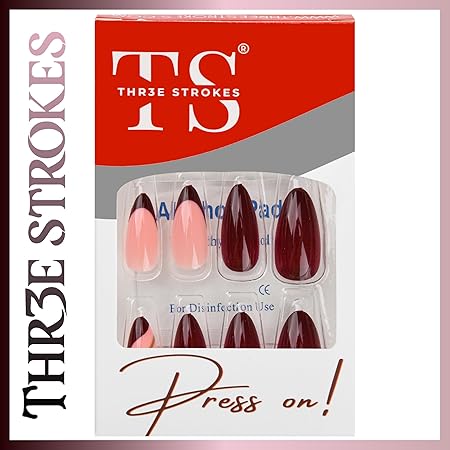 GV357 THR3E STROKES Press-On Nails,Fake Nails Manicure set Salon look Nails Includes 24Nails, 1sheet gluetabs,1 Alcohol wipe,1 Manicure Stick, 1 Mini file. (PN-5)