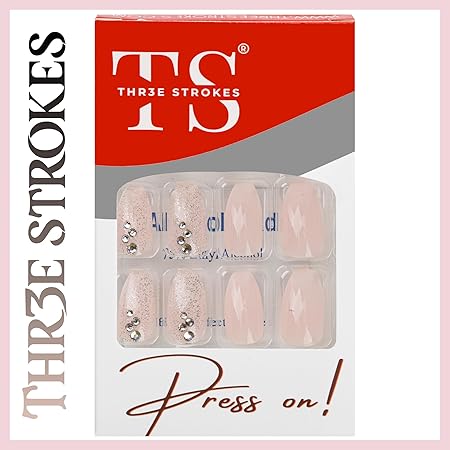 GV359 THR3E STROKES Press-On Nails,Fake Nails Manicure set Salon look Nails Includes 24Nails, 1sheet gluetabs,1 Alcohol wipe,1 Manicure Stick, 1 Mini file. (PN-8)