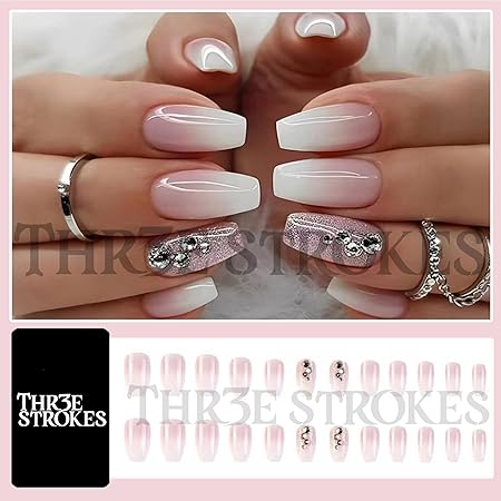 GV359 THR3E STROKES Press-On Nails,Fake Nails Manicure set Salon look Nails Includes 24Nails, 1sheet gluetabs,1 Alcohol wipe,1 Manicure Stick, 1 Mini file. (PN-8)
