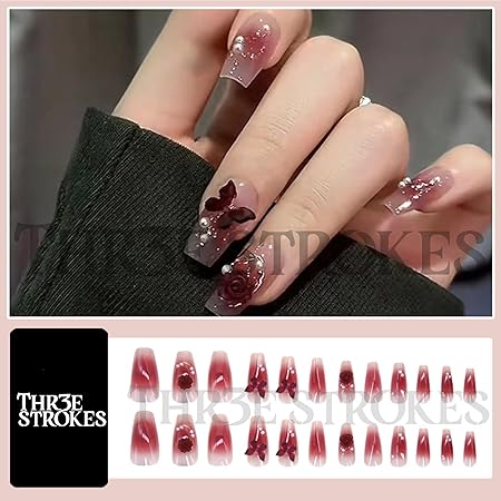 GV360 THR3E STROKES Press-On Nails,Fake Nails Manicure set Salon look Nails Includes 24Nails, 1sheet gluetabs,1 Alcohol wipe,1 Manicure Stick, 1 Mini file. (PN-9)