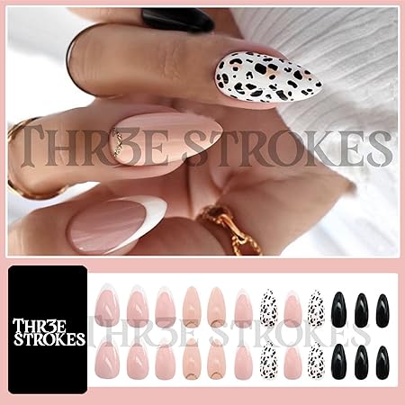 GV361 THR3E STROKES Press-On Nails,Fake Nails Manicure set Salon look Nails Includes 24Nails, 1sheet gluetabs,1 Alcohol wipe,1 Manicure Stick, 1 Mini file. (PN-11)