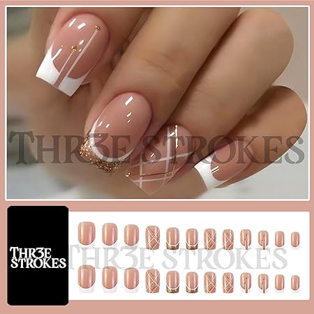 GV364 THR3E STROKES Press-On Nails,FakeNails Manicure set Salon look Nails Includes 24Nails, 1sheet gluetabs,1 Alcohol wipe,1 Manicure Stick, 1 Mini file. (PN-14)
