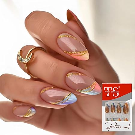 GV367 THR3E STROKES Press-On Nails,Fake Nails Manicure set Salon look Nails Includes 24Nails, 1sheet gluetabs,1 Alcohol wipe,1 Manicure Stick, 1 Mini file. (PN-18)