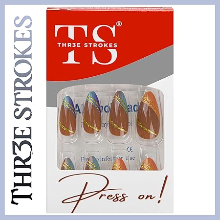 GV367 THR3E STROKES Press-On Nails,Fake Nails Manicure set Salon look Nails Includes 24Nails, 1sheet gluetabs,1 Alcohol wipe,1 Manicure Stick, 1 Mini file. (PN-18)