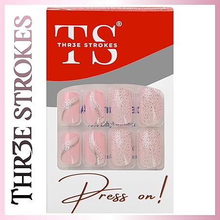 GV372 THR3E STROKES Press-On Nails,Fake Nails Manicure set Salon look Nails Includes 24Nails, 1sheet gluetabs,1 Alcohol wipe,1 Manicure Stick, 1 Mini file. (PN-23)