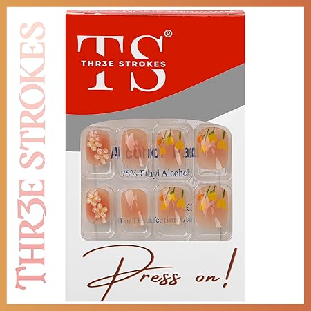 GV373 THR3E STROKES Press-On Nails, Fake Nails Manicure set Salon look Nails Includes 24Nails, 1sheet gluetabs,1 Alcohol wipe,1 Manicure Stick, 1 Mini file. (PN-24)