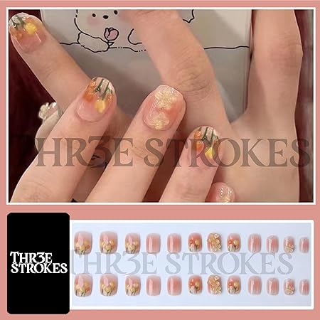 GV373 THR3E STROKES Press-On Nails, Fake Nails Manicure set Salon look Nails Includes 24Nails, 1sheet gluetabs,1 Alcohol wipe,1 Manicure Stick, 1 Mini file. (PN-24)