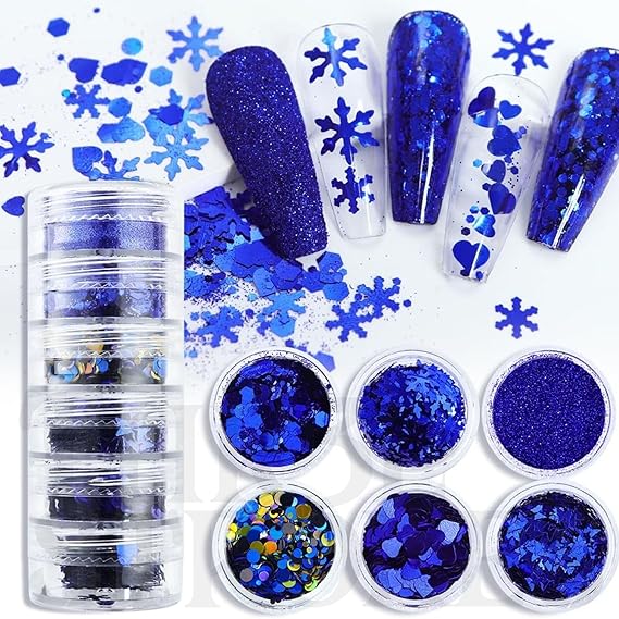 GV380 THR3E STROKES Christmas Nail Art Glitters Blue Nail Sequins, Winter Blue Snowflake Nail Glitter Kit, Mixed Butterfly Heart Nail Glitter Flakes DIY Nail Art Decoration Supplies for Women Manicure (6 Jars) (D45)