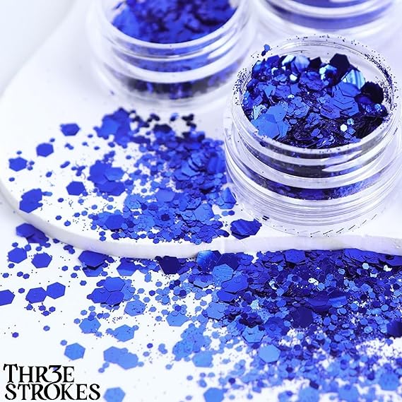 GV380 THR3E STROKES Christmas Nail Art Glitters Blue Nail Sequins, Winter Blue Snowflake Nail Glitter Kit, Mixed Butterfly Heart Nail Glitter Flakes DIY Nail Art Decoration Supplies for Women Manicure (6 Jars) (D45)