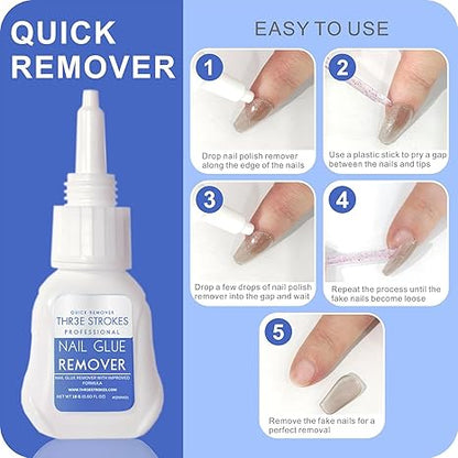 GV382 THR3E STROKES Nail Glue (Clear, 15ml, Liquid, Cyanoacrylate, Nail-specific, Nail Polish Remover, Natural & Artificial Nails)