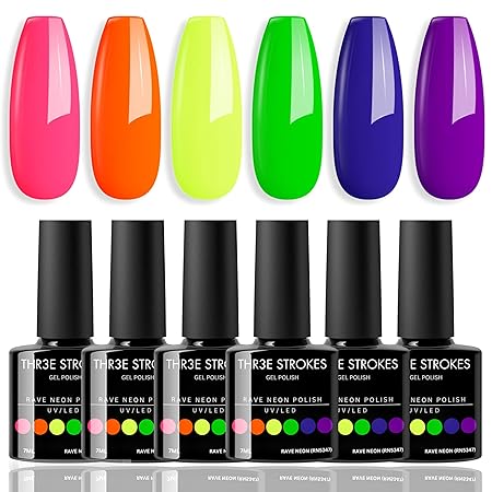 GV417 THR3E STROKES Gel Nail Polish Gel Nail Polish Set Gel Polish Gel Polish Orange Hot Pink Blue Yellow Green Purple Vibrant Spring Summer Gel Polish 7ML (UV/LED LIGHT REQUIRED) (THR3E STROKES RAVE NEON (RN5347), 7.5ML)