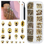 GV432 THR3E STROKES 1300Pcs Mine Gold Nail Rhinestones 60 Multi Shapes Flatback metallic golden Rhinestones Gems +1240 Round Beads K9 Glass Nail Stones Diamonds Nail Art Supplies for Nails Faces Eyes Makeup Crafts (D5)