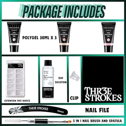 GV437 THR3E STROKES Poly Extension Gel Nail Kit, Clear Nude Pink Builder Nail Gel Kit With Slip Solution Dual Nail forms, Nail Clips for Poly Gel, Nail Starter Kit, Home Manicure Set (EMERALD KIT)
