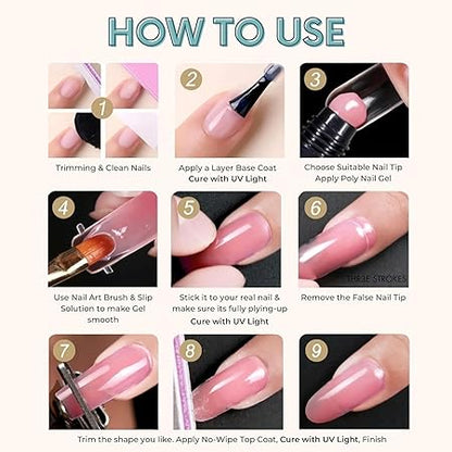 GV439 THR3E STROKES Professional Poly Gel Nail Kit with U V Light Starter Kit, 6 Pcs Builder Gel Nail Extension Kit for Beginners with Everything Nail Art DIY (SAPPHIRE KIT)