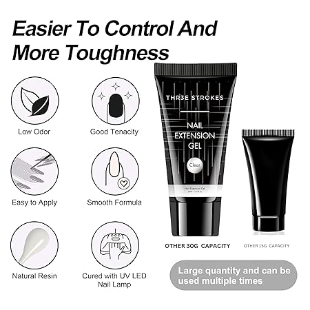 GV441 THR3E STROKES 30 Ml Poly Gel Tubes Polygel For Nails Extensions Finger Nail Art Manicure Acrylic Gel Finish Varnish Hybrid Uv Poly Gel Professional Salon Nail Diy Gift For Women (Clear)