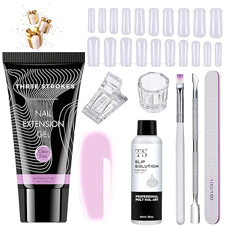GV459 THR3E STROKES Poly Nail Gel Extension Kit for Builder Gel UV Nail Art Kit, Nail Extension Set (8 Items in the set) (4 CLEAR PINK)