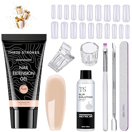 GV466 THR3E STROKES Poly Nail Gel Extension Kit for Builder Gel UV Nail Art Kit, Nail Extension Set (8 Items in the set) (12 NUDE)