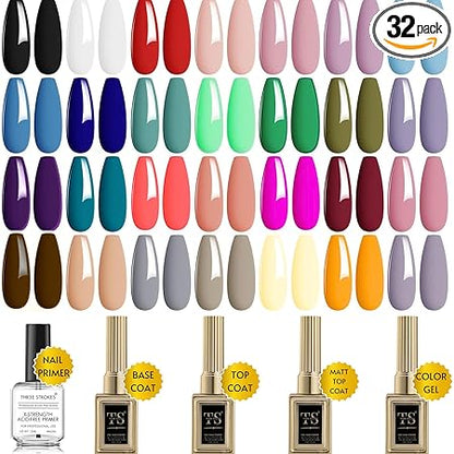 GV485 THR3E STROKES 32 PCS Gel Nail Polish Set, 28 Colors All Seasons Gel Polish with No Wipe Base, Glossy & Matte Top Coat and Nail Primer Black Brown Red Purple Gifts for Women DIY Salon Home 15ML (A0-Classic Seasons Colors)