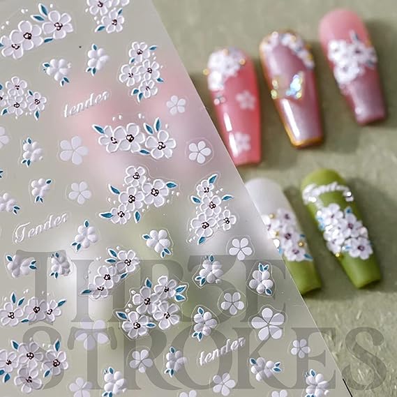 GV487 THR3E STROKES Flower Nail Art Stickers White Flower Nail Decals 5D Acrylic Engraved Nail Spring Summer Exquisite Design Nail Art Supplies White Flower for Nails DIY Nail Art D16 (1 Sheet)