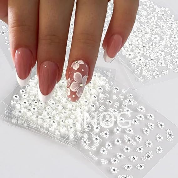 GV493 INOG 30 Sheet Mini Flower Nail Art Stickers - Colorful Daisy Designs, Self-Adhesive, Embossed Embellishments for Nail Extension (White)