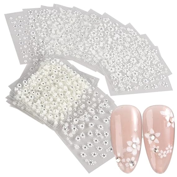 GV493 INOG 30 Sheet Mini Flower Nail Art Stickers - Colorful Daisy Designs, Self-Adhesive, Embossed Embellishments for Nail Extension (White)