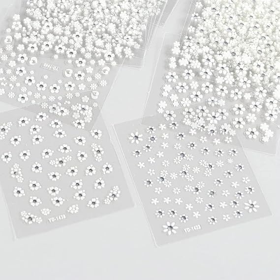 GV493 INOG 30 Sheet Mini Flower Nail Art Stickers - Colorful Daisy Designs, Self-Adhesive, Embossed Embellishments for Nail Extension (White)