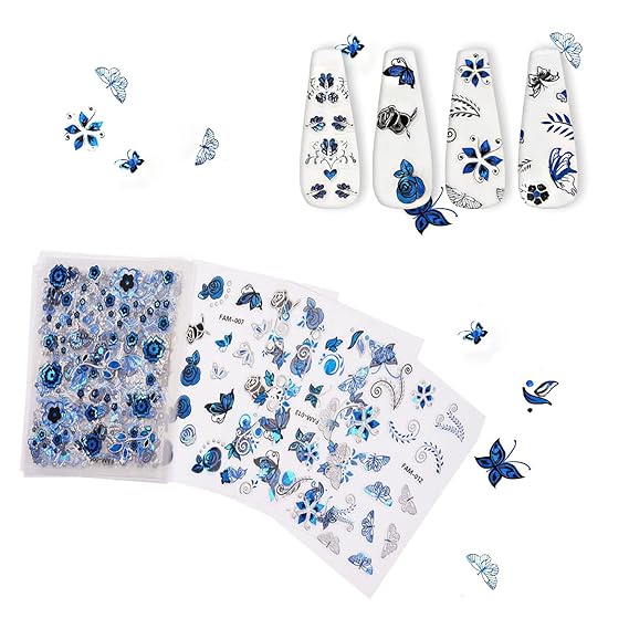 GV494 INOG 30 Sheets Flower Nail Art Stickers, White Flower with Rhinestones Designs Nail Decals 3D Self Adhesive Nail Stickers NailArt Supplies White Flower Stickers for Nails (Blue)