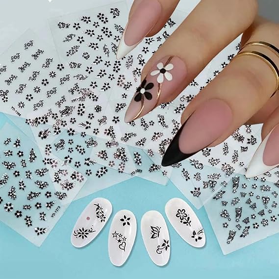 GV495 INOG 30 Sheets Flower Nail Art Stickers - White Flower With Rhinestones Designs, 3D Self Adhesive Decals for Nails Art Supplies (Black)