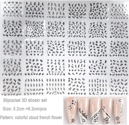 GV495 INOG 30 Sheets Flower Nail Art Stickers - White Flower With Rhinestones Designs, 3D Self Adhesive Decals for Nails Art Supplies (Black)