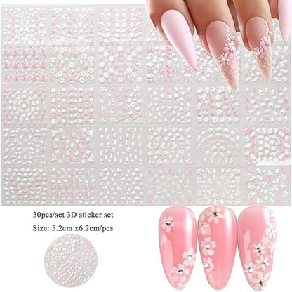 GV497 INOG 30 Sheets Flower Nail Art Stickers, White Flower with Rhinestones Designs Nail Decals 3D Self Adhesive Nail Stickers Nail Art Supplies White Flower Stickers for Nails (Pink White Cheery Blossom)