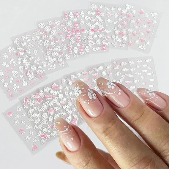 GV497 INOG 30 Sheets Flower Nail Art Stickers, White Flower with Rhinestones Designs Nail Decals 3D Self Adhesive Nail Stickers Nail Art Supplies White Flower Stickers for Nails (Pink White Cheery Blossom)