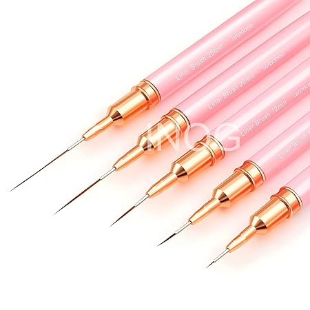 GV501 INOG Nail Art Liner Brushes, 5Pcs Painting Nail Art Brush Set Nail Dotting Drawing Tool for Long Lines, Thin Details, Fine Drawing Sizes 4/8/12/20/25mm(Pink) Nylon, Fine Point Bristle Color may Vary