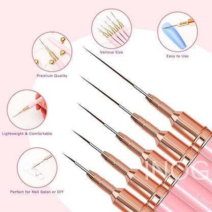 GV501 INOG Nail Art Liner Brushes, 5Pcs Painting Nail Art Brush Set Nail Dotting Drawing Tool for Long Lines, Thin Details, Fine Drawing Sizes 4/8/12/20/25mm(Pink) Nylon, Fine Point Bristle Color may Vary