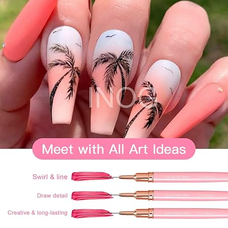 GV501 INOG Nail Art Liner Brushes, 5Pcs Painting Nail Art Brush Set Nail Dotting Drawing Tool for Long Lines, Thin Details, Fine Drawing Sizes 4/8/12/20/25mm(Pink) Nylon, Fine Point Bristle Color may Vary