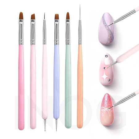 GV502 INOG Nail Art Brushes Set,6pcs Nail Art Design Pen Painting Tools with Extension Gel Brush, Polish Brush, Builder Brush,Liner Brush, Carved Brush, and Dotting Pen for Home DIY Salon Use