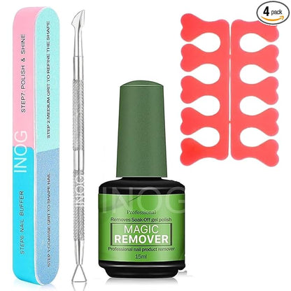 GV508 INOG Gel Nail Polish Remover Kit, No Need for Foil, Quick & Easy Polish Remover In 3-5 Minutes, No Need Soaking Or Wrapping Doesn't Hurt Nails-15ml (Set of 4)